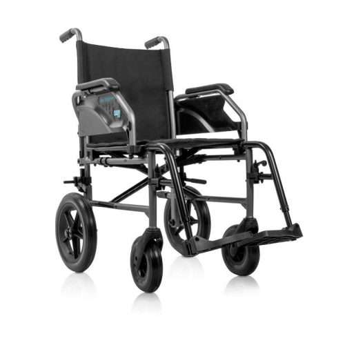 Silla de ruedas Saby 20/21 de tránsito en color gris vista frontal oblicua