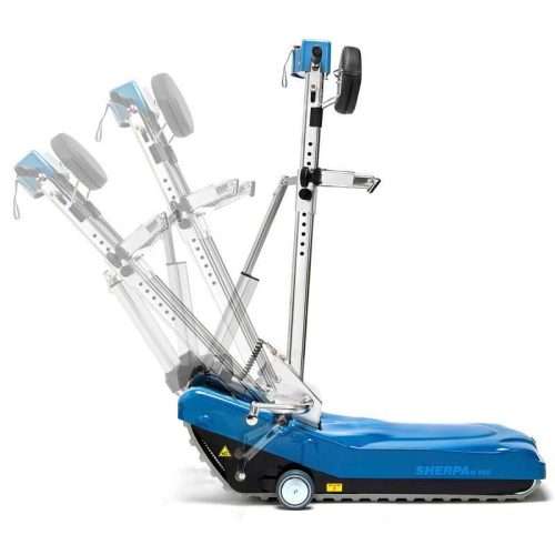 Oruga salvaescaleras Sherpa 986 desplegada, preparada para transportar silla de ruedas por escaleras