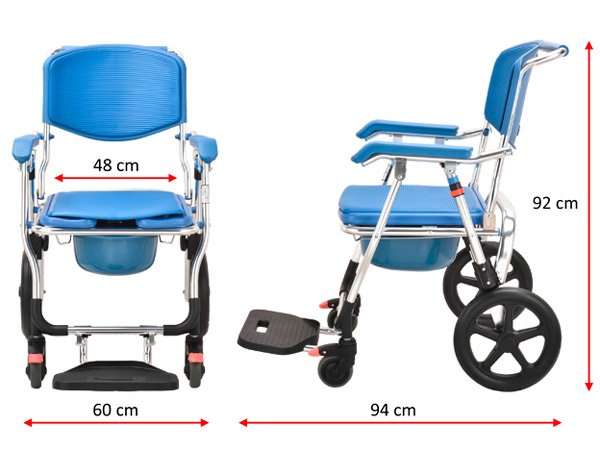 Medidas de la silla de ducha plegable con ruedas y orinal