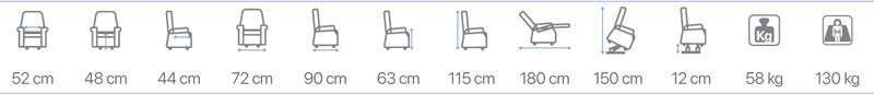 Esquema con medidas del sillón elevador Clyzia e iconos de peso del sillón