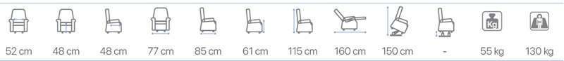 Esquema con medidas del sillón elevador Dafne e iconos de peso del sillón
