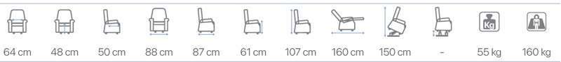 Esquema con medidas del sillón elevador Ninfea XL y iconos de peso del sillón