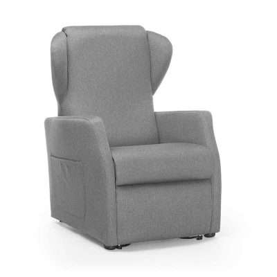 Vista frontal del sillón elevador Ninfea XL en color gris con orejeras laterales