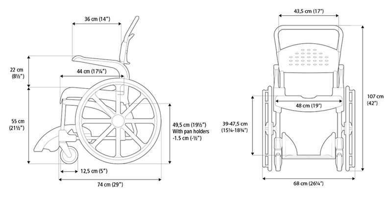 Dimensiones técnicas de la silla Clean 600 con ruedas de 600 mm