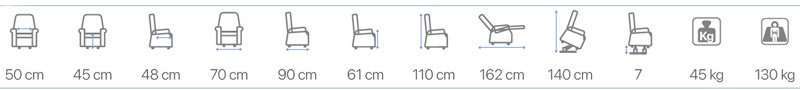 Esquema con medidas del sillón elevador Chloe e iconos de peso del sillón (45 kg) y peso máximo de usuario (130 kg)