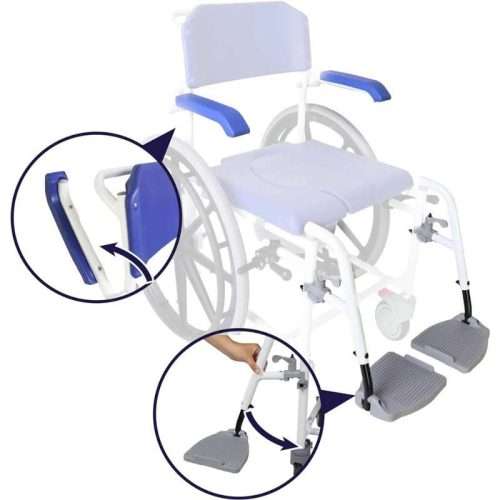 detalles de reposabrazos y reposapiés de la silla de baño autopropulsable