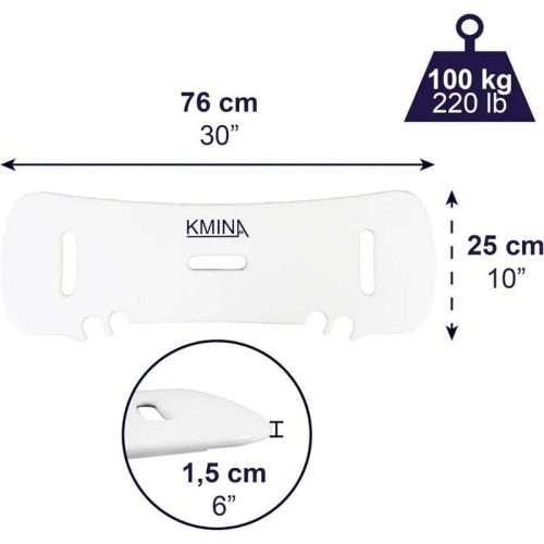 Medidas y peso máximo de la tabla de transferencia Kmina: 76×25 cm y 100 kg