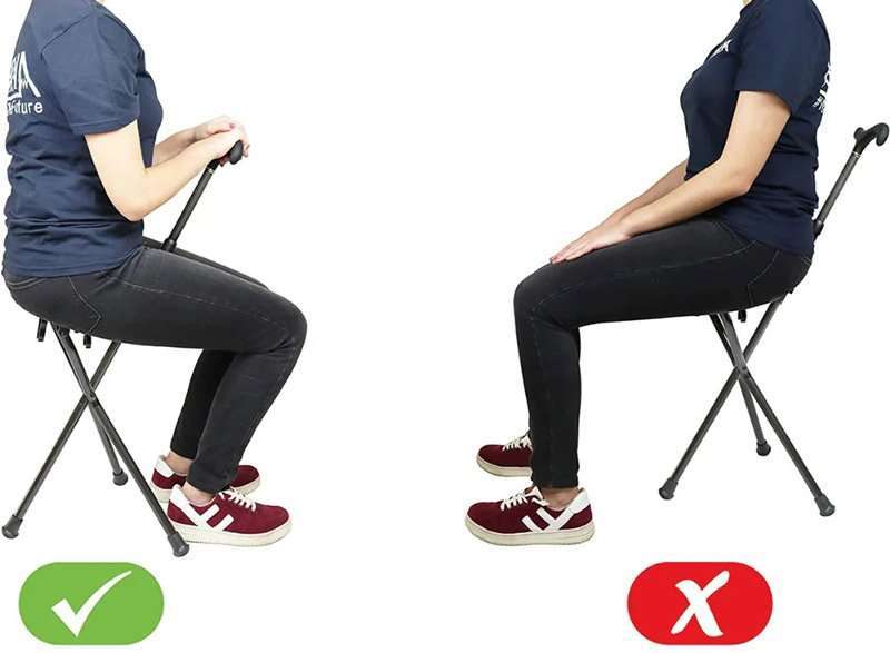 Comparativa de uso correcto e incorrecto del bastón con asiento