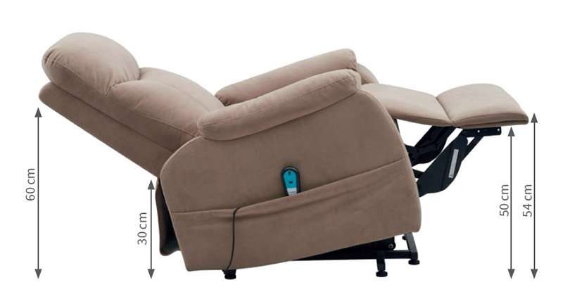Sillón Tívoli reclinado mostrando referencias de altura del respaldo, asiento y reposapiés