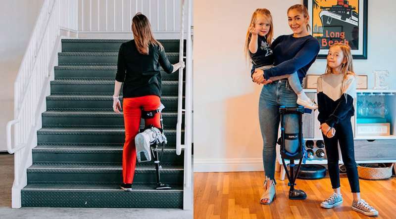 Personas utilizando la muleta manos libres iWALK en casa y subiendo escaleras con manos libres