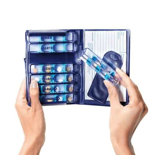 Pastillero Medidos con recipientes diarios extraíbles y funda azul