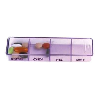 Pastillero diario Medimax con cuatro compartimentos para desayuno, comida, cena y noche