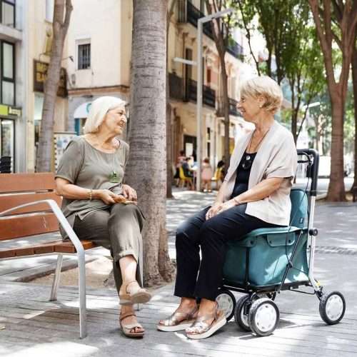 Dos personas mayores descansando con el andador Comfort Assist en exterior