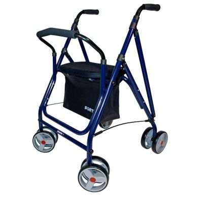 Andador Drakon 1 de aluminio azul con respaldo y cesta de tela