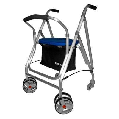 Andador Kanguro de aluminio con asiento azul y cesta negra