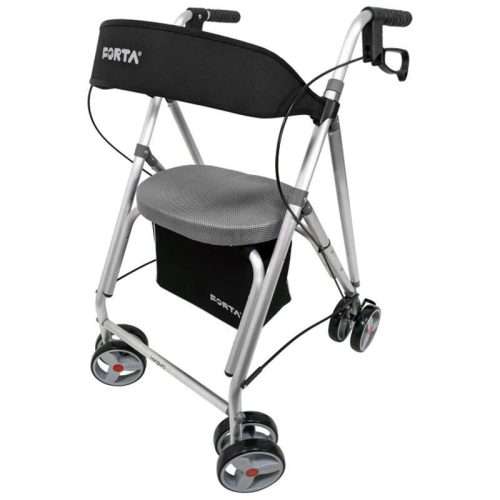 Andador Kanguro F1 de aluminio con cesta negra y asiento acolchado gris