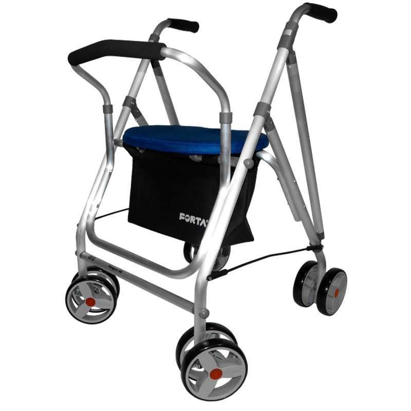 Andador Kanguro HD de aluminio con funda azul y cesta negra