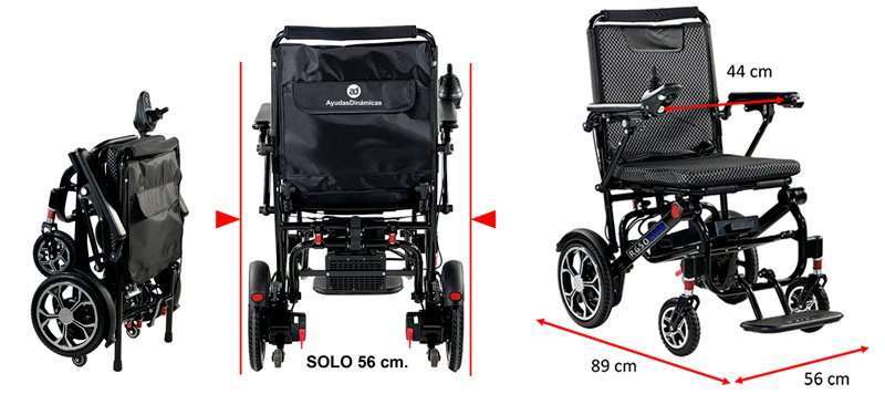Silla eléctrica R650 con medidas: ancho total 56 cm, longitud 89 cm y asiento 44 cm