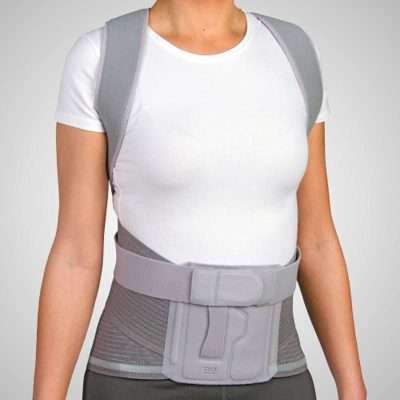 Vista frontal de la ortesis toracolumbar Lumback FJ208 con tirantes y soporte lumbar