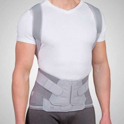 Vista frontal de la ortesis Lumback DLS308 con tirantes y ajuste con micro-velcro
