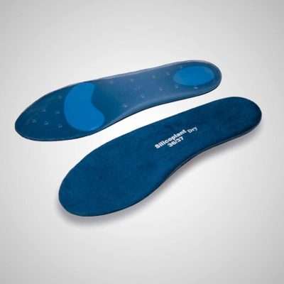 Par de plantillas Silicoplant Dry Blue de silicona viscoelástica con zonas de descarga en metatarsos y talón