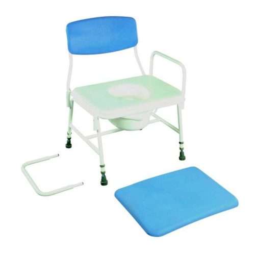 Vista de la silla de inodoro XXL con cubeta de 14 litros y reposabrazos extraíbles
