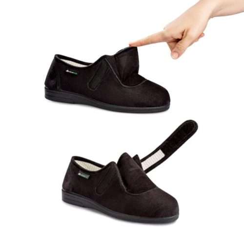 Zapato para diabéticos Wallaby abierto mostrando amplia apertura y cierre de correa