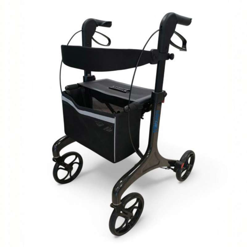Andador Rollator Karbon ultraligero de fibra de carbono con asiento amplio, respaldo y bolsa extraíble