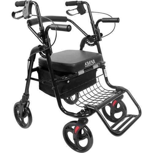 Andador y silla de ruedas 2 en 1 con asiento y reposapiés en color negro