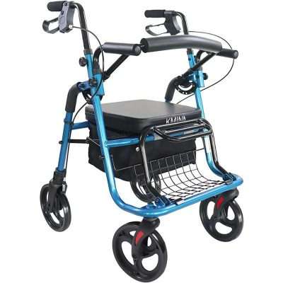 Andador y silla de ruedas 2 en 1 azul con asiento acolchado y respaldo reversible