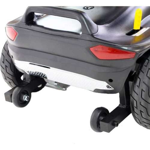 Vista trasera del scooter eléctrico PP1004 con ruedas antivuelco y detalle de la estructura posterior