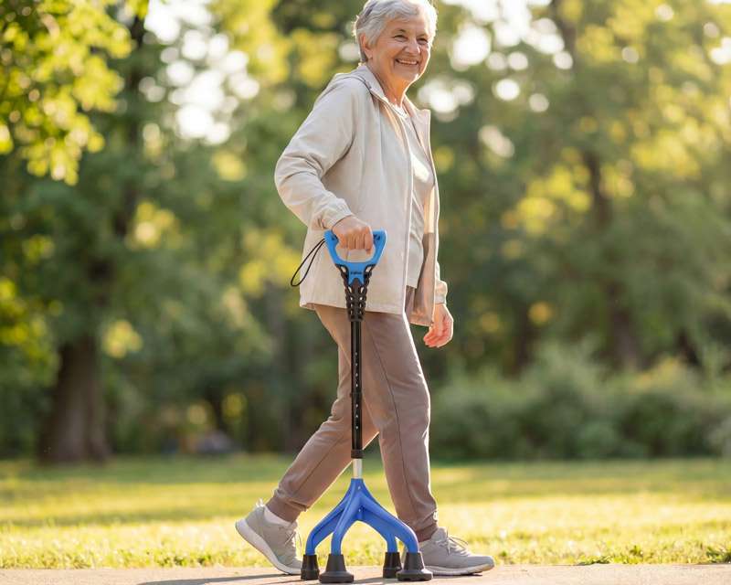 Persona caminando con el bastón de 4 patas ergonómico Kmina en exterior