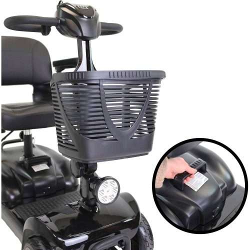 Scooter eléctrico PP1004 con cesta delantera, luz frontal y detalle de la batería extraíble