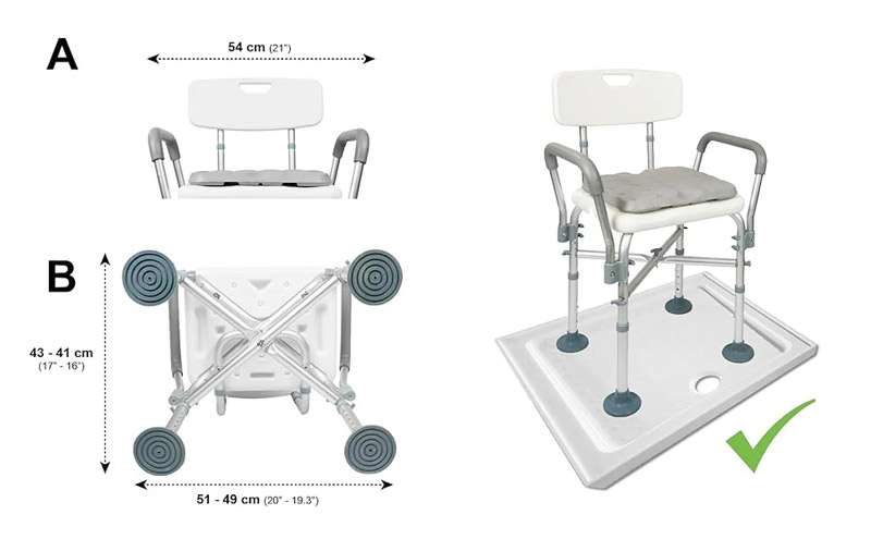 Medidas de compatibilidad de la silla de ducha acolchada K30017 para plato de ducha