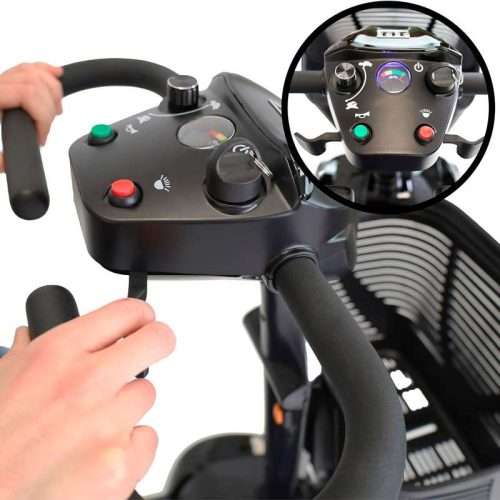 Detalle del mando de control del scooter PP1004 con palancas, botones e indicador de batería