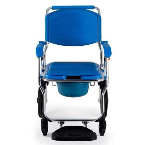 Silla de baño Zen vista frontal tres cuartos con cubeta sanitaria incluida