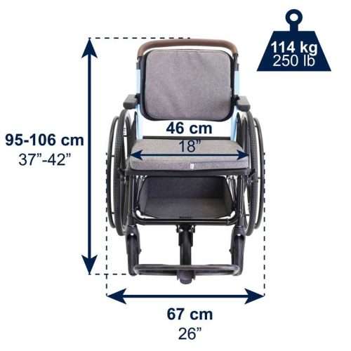 Medidas frontales y peso máximo de la silla de ruedas autopropulsable KMINA PRO