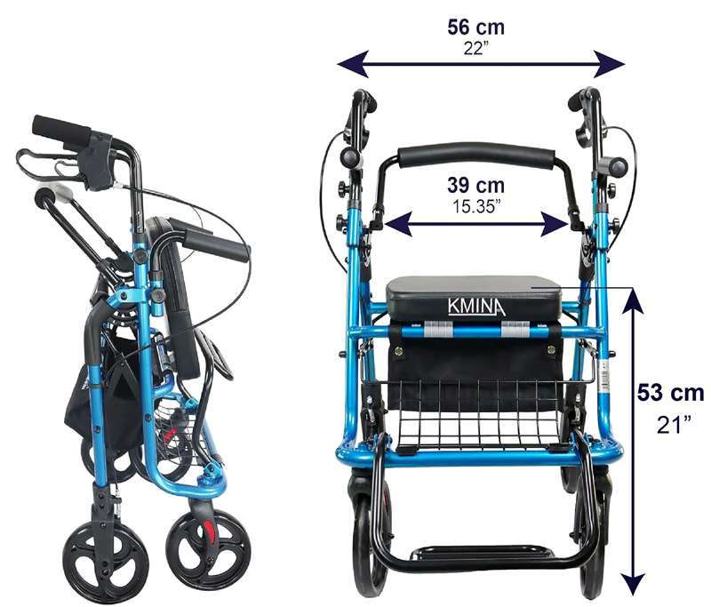 Medidas del andador y silla de ruedas 2 en 1 con ancho total y altura del asiento