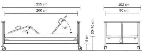 Esquema técnico de la cama Aries Low con dimensiones totales, altura regulable y ángulos de articulación