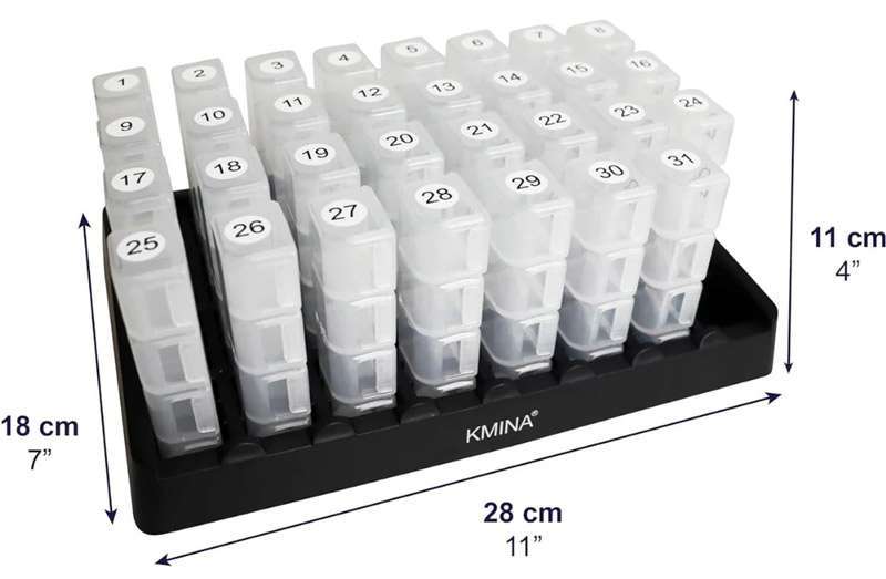 Dimensiones totales del pastillero mensual de 4 tomas con base organizadora