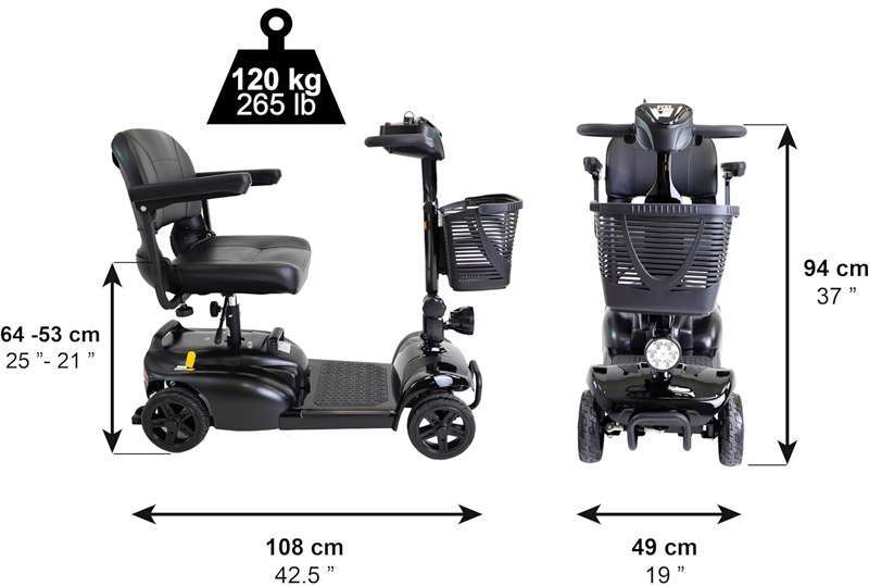 Imagen con dimensiones del scooter eléctrico PP1004 y peso máximo de usuario de 120 kg