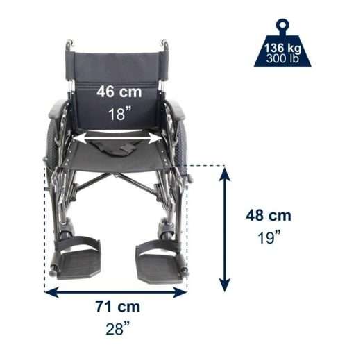 Vista frontal de la silla de ruedas K10077 con ancho total de 71 cm, ancho de asiento de 46 cm y altura de 48 cm