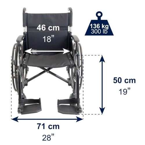 Vista frontal con ancho de asiento, ancho total y capacidad máxima de 136 kg