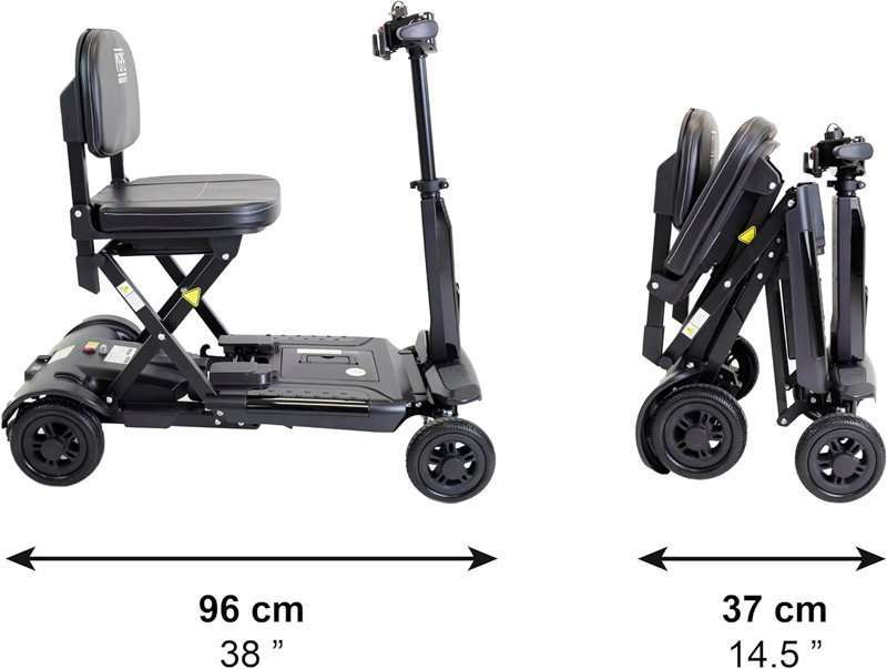 Vista lateral del scooter PP1004 abierto y plegado con longitud de 96 cm