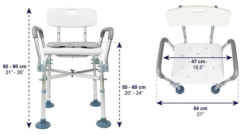 Dimensiones de la silla de ducha acolchada K30017 con respaldo y reposabrazos