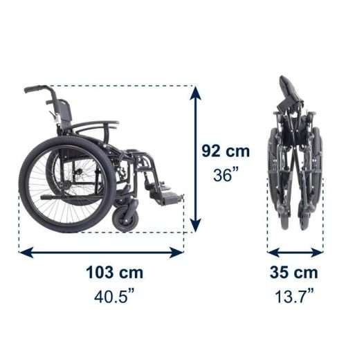 Vista lateral y plegada de la silla de ruedas todoterreno K10077 con largo de 103 cm, alto de 92 cm y ancho plegado de 35 cm