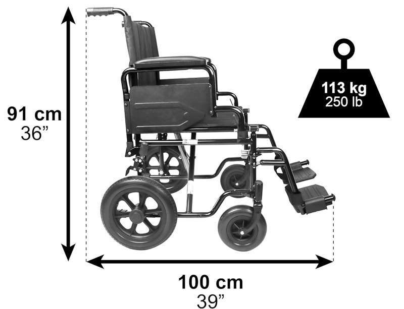 Dimensiones laterales de la silla de ruedas de tránsito plegable