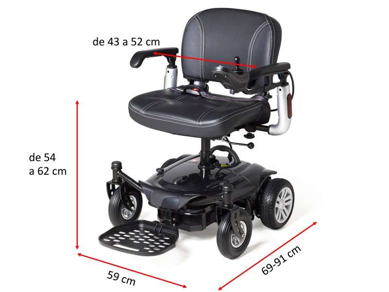 Silla eléctrica Eclipse River con medidas de ancho total, longitud total y altura