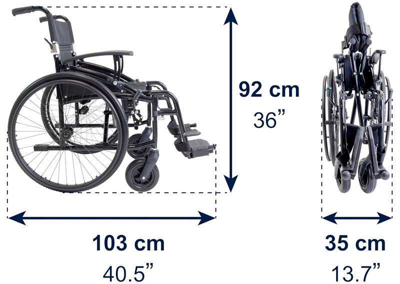 Medidas de alto, largo y ancho plegado de la silla de ruedas de aluminio KMINA