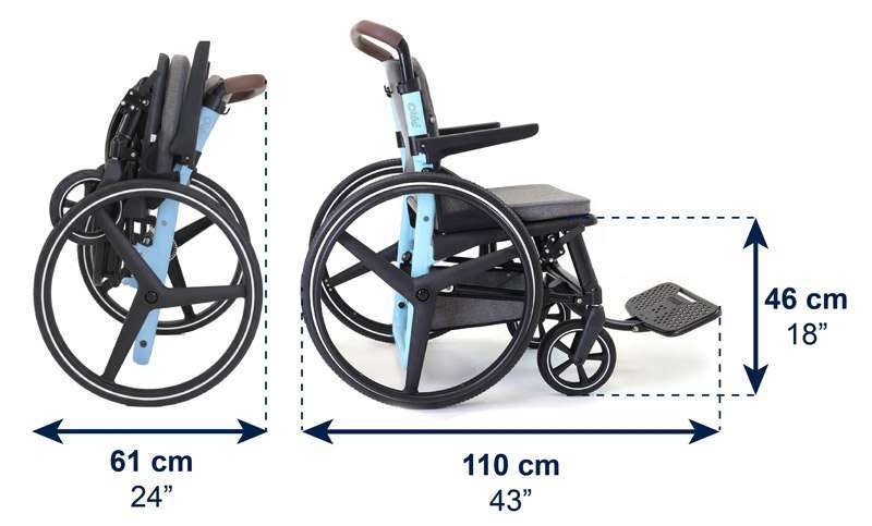 Medidas abierta y plegada de la silla de ruedas autopropulsable KMINA PRO